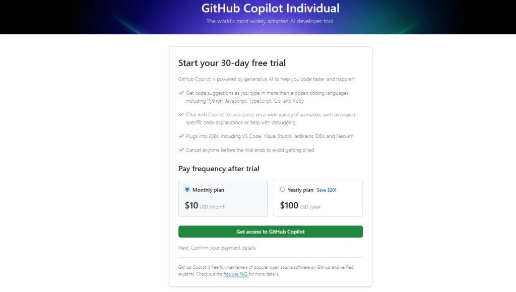 GitHub Copilot提供的免费试用30天福利