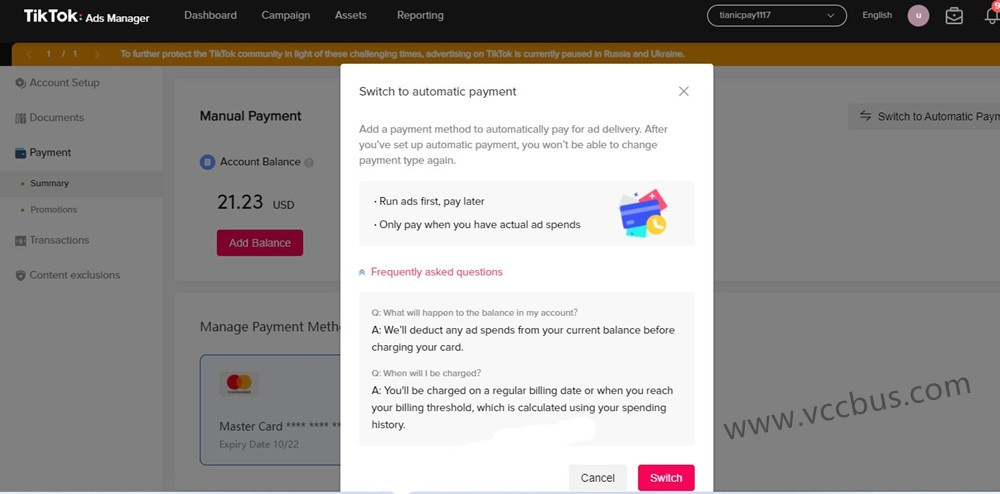 TikTok Ads切换为后付费模式支付广告费