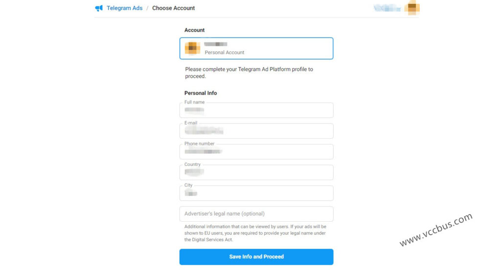 填写投放Telegram广告的个人信息，包括电话、姓名、国家、城市、邮箱等