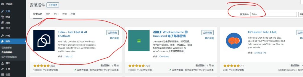 登陆Wordpress网站后台开始安装Tidio聊天程序工具