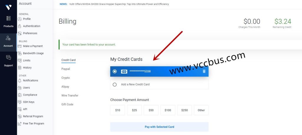 在Vultr绑定虚拟信用卡用于购买续费订阅